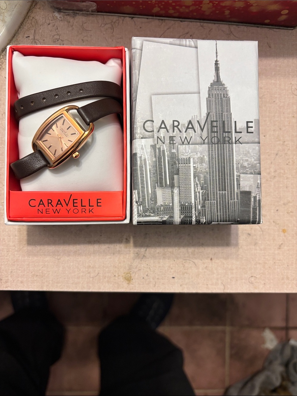 Caravelle New York Women's Brown Leather Wrap Watch with Rose Gold-Tone Case